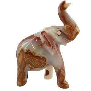 Hand-Carved Onyx Elephant Figurine – Natural Stone Decor with Raised Trunk